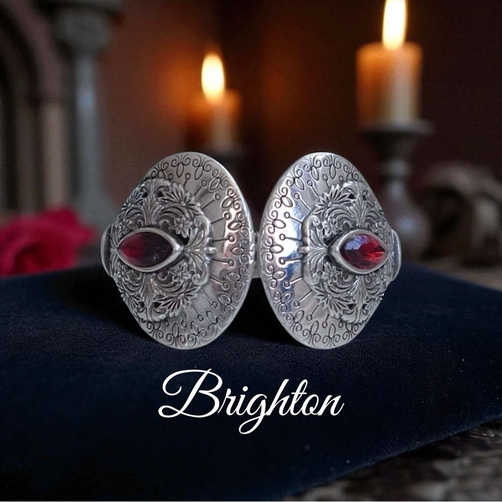 BRIGHTON Rouge Lace Cuff Bracelet Silver Plate. Red Navette Crystals